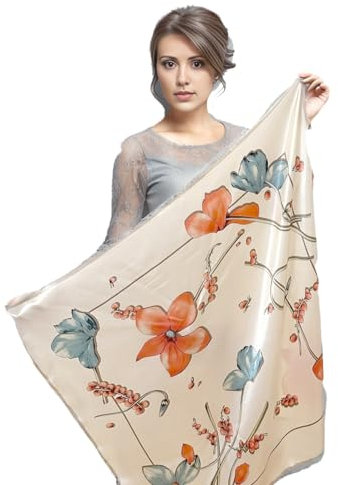 LA FERANI Designer Damen Seidentuch Beige bunt klassisch Halstuch Seide Chiffon formelle Anlässe Tuch Umschlagtuch leicht 90x90cm Bandana Geschenk (Model 17)