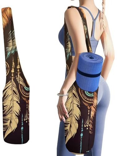 YJWANDL Yogamatten-Organizer, Vintage-Stil, ethnischer Tribal-Federdruck, Yogamatte, Tasche, Turnmatte, Tasche, Leinen-Aufbewahrungstasche, strapazierfähige Yoga-Tragetasche