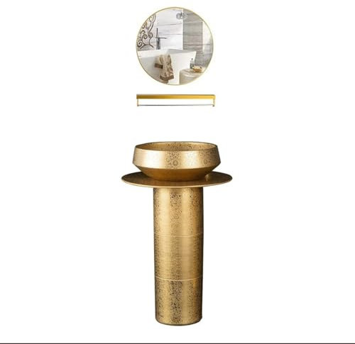 Lavabo à colonne Lavabo sur pied de luxe doré, lavabo à colonne de salle de bain 3 pièces, lavabo de salle de bain sur pied avec robinet, drain et miroir Lavabo sur pied colonne(B)