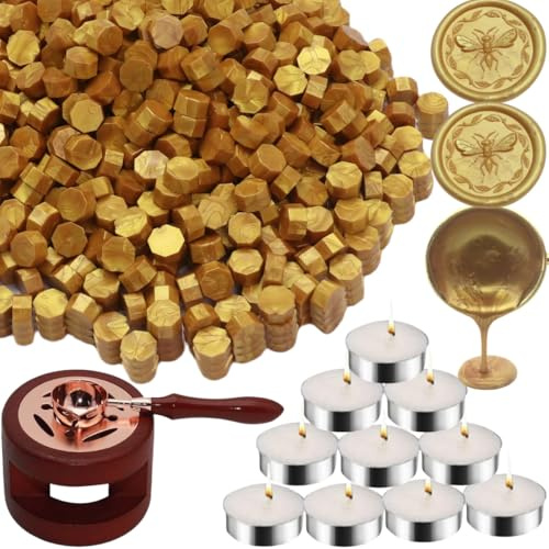 Wachs Siegel Perlen, Atopbb 300pcs Gold Wachs Siegel Perlen, 1pcs Holz Wachs Siegel Wärmer, 1pcs geschmolzener Löffel und 10pcs Teekerzen für Wachs Siegel Stempel Kit (Gold)