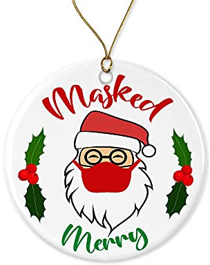 Weihnachtsbaumschmuck 2024 Quarantäne Lustiger Weihnachtsmann Mit Maske Zum Erinnern An 2024 Runde Keramik Ornament Andenken Weihnachtsschmuck Ideal Christbaumschmuck Anhänger