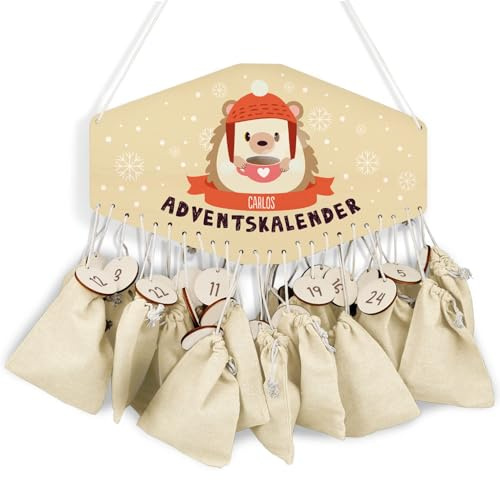 GRAVURZEILE Adventskalender aus Holz - Wintertiere - Personalisiert mit Namen - DIY Adventskalender für Kinder - Optional mit Leinensäckchen - Weihnachtsdeko für Kinderzimmer - Farbe: Igel