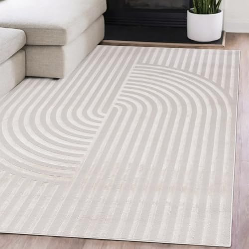 Mazovia Teppich Wohnzimmer 140x200cm Creme Geometrische Bögen Weich Elegant | Teppich für Schlafzimmer Büro Esszimmer Beige Pflegeleicht Tierfreundlich Fußbodenheizungsgeeignet Reinigungsmittelbeständig