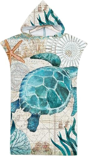 Rowjoy Badeponcho mit Kapuze, Meeresschildkröten Mikrofaser Surf Poncho 75X110cm，Umziehhilfe Strand Handtuch Poncho mit Kapuze Damen und Herren, Ideal zum Strand, Brandung, Sauna (Green-#turtle)