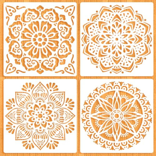 MWOOT 4 Pezzi Grandi Stencil Mandala, Disegni in Plastica per DIY, Modelli Riutilizzabili e Durevoli per Pittura su Arredo, Tessuto, Piastrelle e Tela Decorativa (30x30 CM)