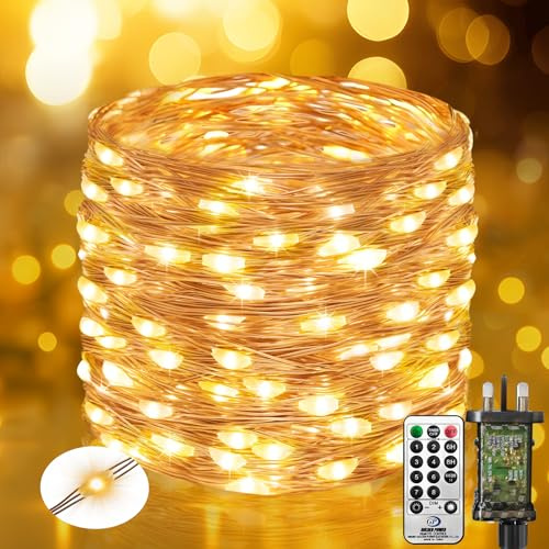 btfarm 10M 100LED Fairy Lights Plug in with Remote, Timer Copper Wire Lights Mains Powered, 8 Modes Christmas String Lights for Indoor/Outdoor, Tree, Bedroom, Wedding, Garden Decorations (Warm White)