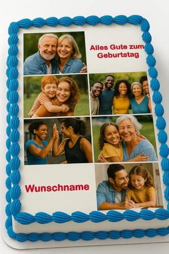 Tortenbild Collage essbar, ca. 29cm x 21cm, Din A4, 00092b | Fondant, Zuckerpapier, Mit oder ohne Wunschnamen, Selbst gestalten, Bis zu 6 Bilder, Dekorpapier Plus