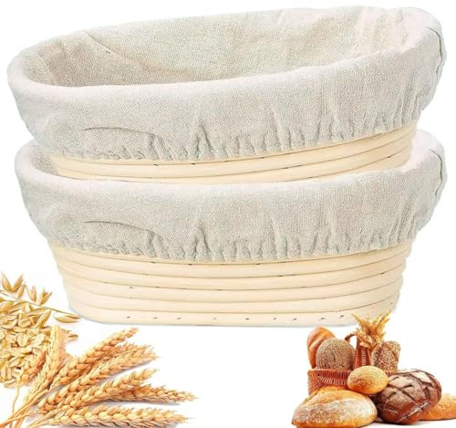 Homiely Sourdough Proofing Basket Set of 2 – 10 Oval Banneton Bread Making Basket, Natural Rattan Dough with Linen Cloth Liners for Home Bakers