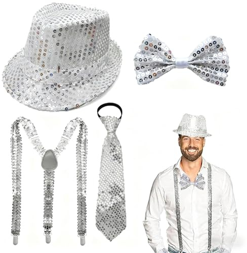 Amazleer Glitzer Outfit Herren Set, Pailletten Kostüme mit Hut, Fliege, Krawatte, Y-Back Hosenträger, Disco Party Karneval Accessoires