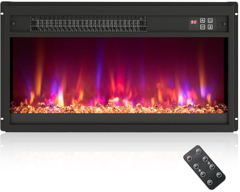 COSTWAY Elektrokamin mit Heizung 1500W, Einbaukamin mit Fernbedienung, 0,5-9H Timer, einstellbare 3D-Flammeneffekt, Wandkamin mit 17℃-32℃ Thermostat (60,7 x 11,7 x 34 cm, 23 Zoll)