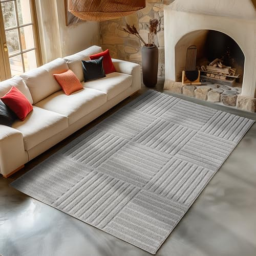Carpetsale24 Wohnzimmer Teppich 200x290 cm Grau Hochflor Skandi Boho Karo Design Hoch-Tief Effekt Weicher Shaggy Langflor Flauschig Robust Pflegeleicht Modern für Esszimmer