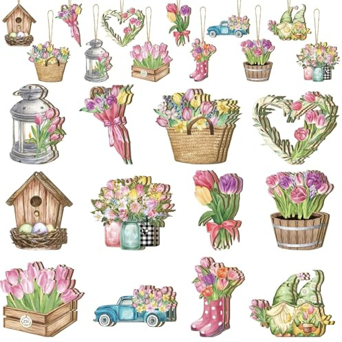 24 Stück Holz Deko Frühling Holzanhänger mit Seil, Frühlingsgarten Thema Enthalten Tulpen Vogelhaus Lastwagen Zwerge Regenschirm Regenstiefel für Zweige, Decke, Tür, Fenster, Garten, Hof (B)