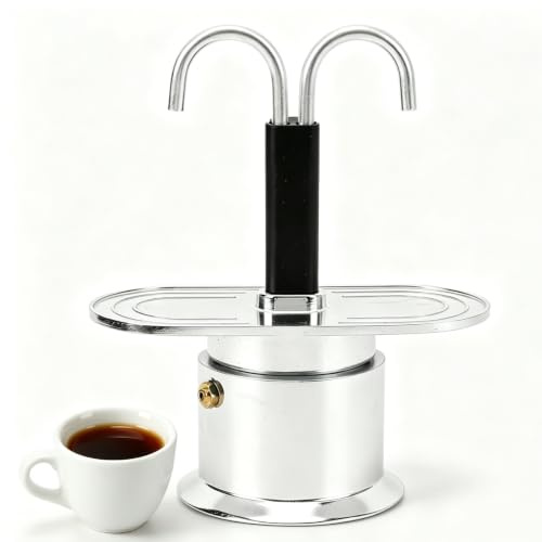 Tomedny Stovetop Espresso Maker, Double Spout 2 Cup Coffee Maker Italian Coffee Machine for Espresso Double Head Mocha Pot for Home Outdoor Camping (Round Base)