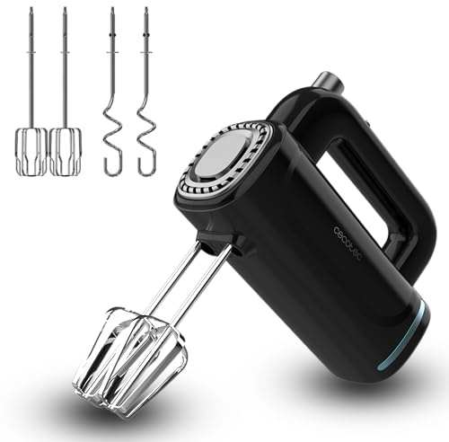 Cecotec Batidora de Varillas para Mezclar, Batir y Amasar PowerTwist 300 | 300W, 5 Velocidades, Varillas de Precisión para Montar, Ganchos Acero para Amasar, Botón Eyector QuickOut, Incluye Base