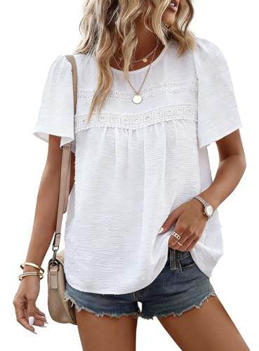 CMTOP Chemisier Femme Ete Blouse Manches Courtes Col Rond Tunique Chic et Elegant Haut Bohème Dentelle Fluide Tops Lâche Décontracté Blouse