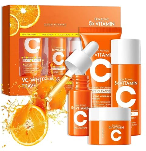 4 Stück Vitamin C Skincare Set Reisegröße, VC Korean Skincare Set Mit Gesichtsreiniger, Toner, Serum & Gesichtscreme, Feuchtigkeits Reisegrößen Produkte, Geschenkset für Damen