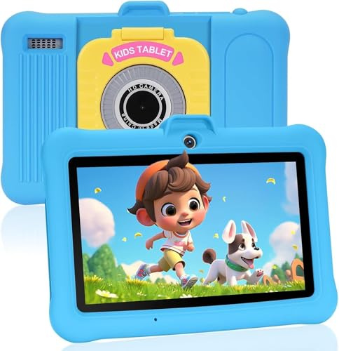 TABTIVI Tablette Enfants 7 Pouces Android, RAM 8 (3+5) Go, ROM 64 Go (TF 128 Go), GMS Certified, Apps Pré-Installé, Éducative, WiFi, Kid-Proof Étui avec Support réglable, Bleu