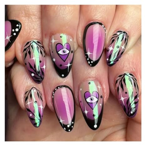 24 Pezzi Di Unghie Finte Rosa Cipria Mandorla Stile Punk Argento Farfalla Decorazione Stella Stampa Sul Chiodo Manicure Fai Da Te(Y3)