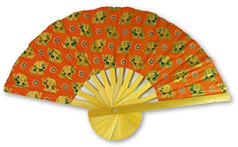 Folding Bamboo Hand Fan - Thai Elephant Fabric - Orange
