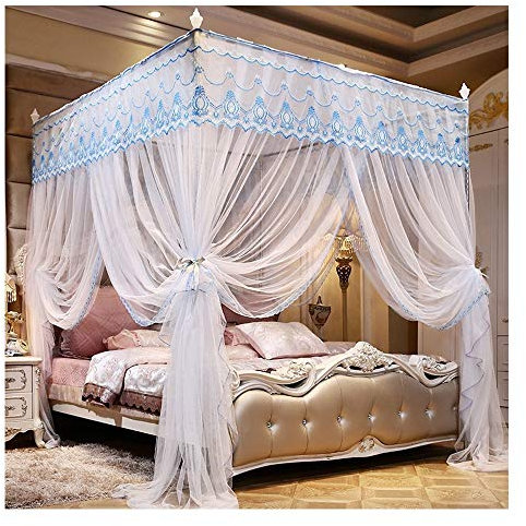 DUXY Moskitonetz, Bett Canopy Spitze 4 Corner quadratisch Princess Fliegengitter, bodenstehende Baldachin-Vorhänge, Palace Moskitonetz (Include Bracket),White,180x200x200cm