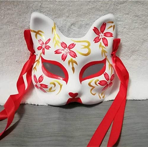 Halloween Masks Adults The Other Side of The Flower Open Hand Painted Fox mask Half face Fox Pulp Plastic mask Cosplay Anime mask @Pulp red Cherry Blossom - Ribbon