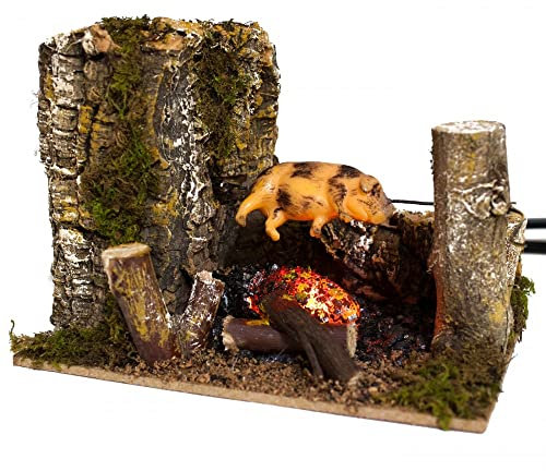 PERAGASHOP Chimenea con cerdo al pincho con movimientos, 15 x 10 x 13 cm, accesorios para Belén