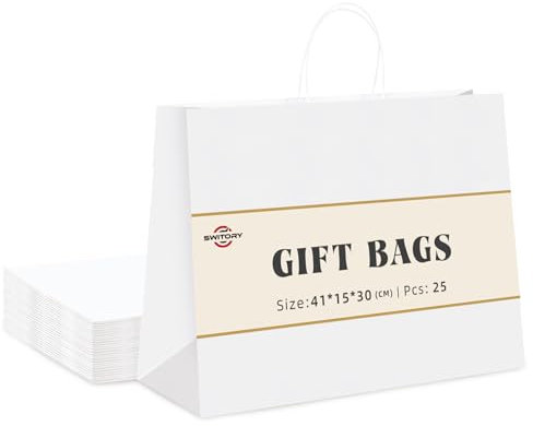 Switory 25 Stk Weiß Papiertüten mit Henkel - 41 x 15 x 30 cm Groß Geschenktüten Papiertragetaschen Kraftpapiertüte zum Einkaufen, DIY, Geschäfte, Geburtstag, Party