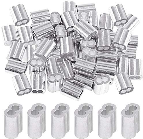Glarks 100Pcs 1/6''(4mm) Aluminum Crimping Loop Sleeve Wire Rope Sleeves Double Barrel Ferrule for Wire Rope and Cable Line End (1/6''-100Pcs)