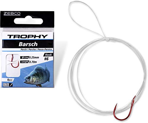 Zebco Qualitäts Trophy Barsch Vorfachhaken Angelhaken mit Vorfach vorgebunden Angelschnur Angel Zubehör, rot, 8
