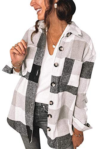 EFOFEI Damen Mode Hemdjacke Holzfällerjacke Freizeit mit zufällige Knöpfen Retro Karo Basic Jacke Schwarz 3XL