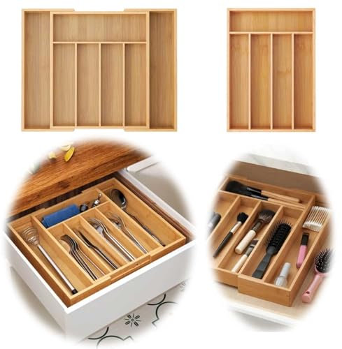 LS-LebenStil Holz Schubladeneinsatz 28-45cm Bambus Besteckkasten ausziehbar 5 bis 7 Fächer verstellbar Küche Besteck Organizer Schublade für Küchenschubladen variabel Schubladentrenner Besteckbox