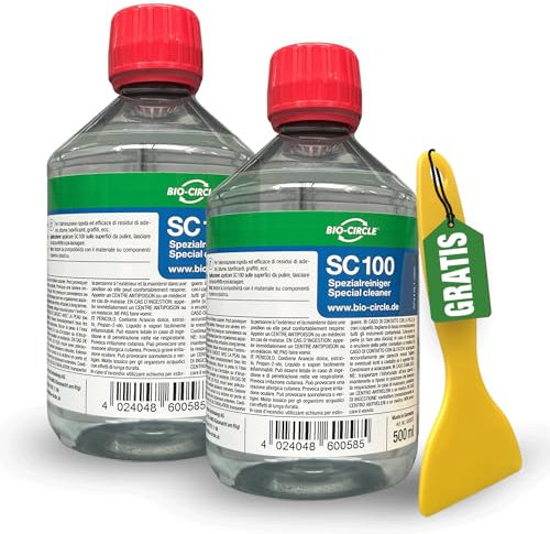 Bio-Chem SC100 - Rimuovi colla e etichette adesive 2 x 500ml + raschietto incluso - Rimuove etichette e colla - Detergente liquido, rimuovi e rimuovi senza residui - Fresca fragranza di arancia