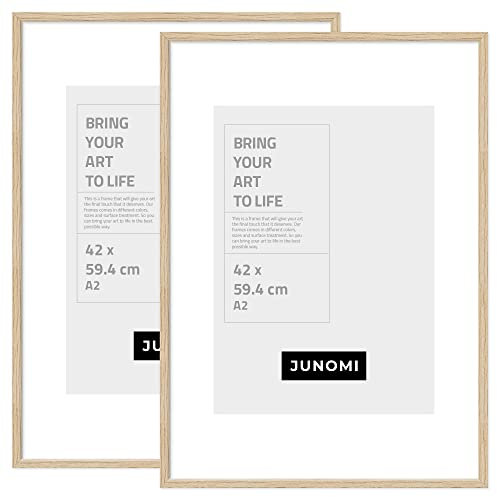 JUNOMI® 2er Set Bilderrahmen DIN A2 (42x59,4 cm) Holz | Farbe Eiche | Posterrahmen mit bruchsicherem Acrylglas | Hoch- & Querformat zur Wandmontage, schmales Profil