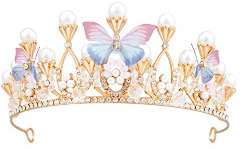 Flower Girl Crown, Vofler Princess Butterfly Tiara - Gold Crystal Rhinestone Pearl Headband for Kids Women Adults Birthday Wedding Quinceanera Pageant Prom Homecoming Halloween Mermaid Costume Party