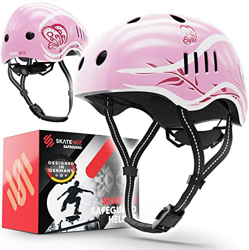 SKATEWIZ Casco Patinete, Casco Bici Niño - Casco Bicicleta Niño, Casco Bici Niña - Casco Patines Niña, Casco Niño - Capacete Criança, Casco Infantil - Safeguard M - 53-57cm Rosa