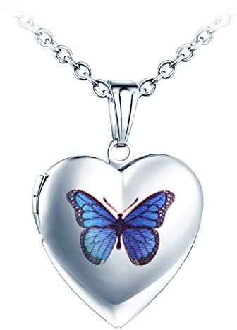 Yumilok Medaillon Kette Damen Liebesherz Schmetterling Halskette Amulett Medaillon zum öffnen für Bilder Foto Geschenke für Freundin Frau Mutter