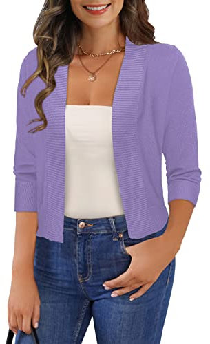 GoMamee Damen-Strickjacke mit 3/4-Ärmeln, vorne offen, Bolero, kurz, Größe S-XL, A-Hellviolett, Medium