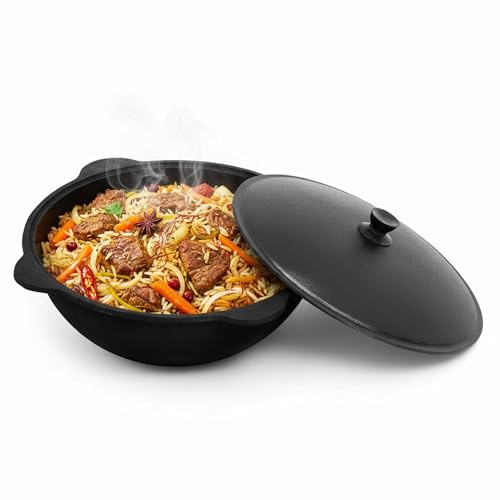 4BIG.fun Kazan - Pot pivotant en fonte - 6 l - Avec couvercle en aluminium - Fond plat - Usbek - Bascule - Namangan Kazan Uzbek Asia Wok