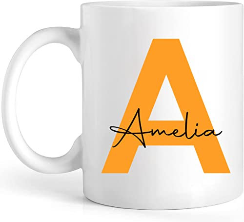EKAM Personalised Tea Mug - Initial Name Mug 11oz Ceramic White - Gift for Her Him Friend Mom Dad Kids Birthday Valentine’s Day Christmas Day Custom Present (Dark Yellow)