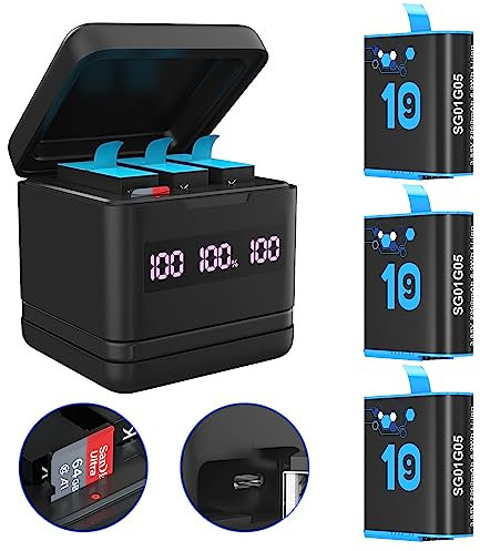 Chargeur de Batterie pour GoPro Hero 12/11/10/9, Lot de 3 Batteries de Rechange 2000 mAh et Station de Charge 3 canaux Compatible avec Hero 10/Hero 9 Noir Officiel
