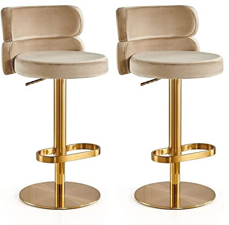 Verstellbare Drehbare Barhocker aus Samt 2er-Set, Barhocker Mit Rückenlehne, Armlose Küchentheke, Hohe Barstühle, Edelstahl, Titangold, for Esszimmer, Offene Küche, Frühstück ( Color : Gold , Size : C