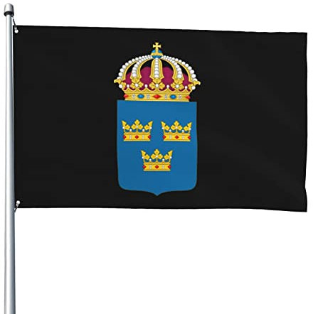 Wappen von Schweden Flaggen, dekorative Flaggen für den Außenbereich, 3 x 5 Fuß, 100% Polyester, Außen-Allwetterflagge, die Farbe ist hell und leicht zu verblassen, schnell trocknend.