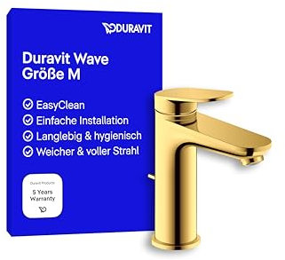 Duravit Wave Waschtischarmatur, Größe M (Auslauf Höhe 111 mm), Wasserhahn Bad mit Zugstangen-Ablaufgarnitur, Armatur Waschbecken, Gold Poliert