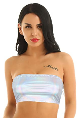 Top de Tubo Brillante para Mujer, Top de Tubo Corto sin Tirantes metálico Rave Bandeau Bra para Fiesta Clubwear, Chaleco Sexy básico Causal básico elástico sin Relleno para Bailar, Festivales