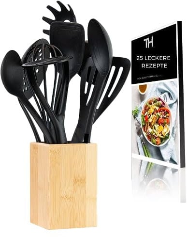 Thiru Lot de 10 ustensiles de cuisine XXL - Ultra résistant à la chaleur - Avec livre électronique de 25 recettes - Passe au lave-vaisselle - Qualité fabriquée en Allemagne - Avec porte-ustensiles