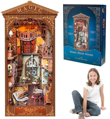 Miiepls Magische Welt Book Nook Kit, DIY Miniatur Puppenhaus Booknook mit LED-Licht, 3D Puzzle Buchstützen aus Holz, Modellbausätze für Erwachsene zum Bauen