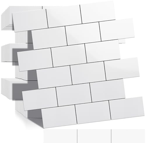 DICOFUN 3mm Polished White Subway Self Adhesive Wall Tiles, Ceramic Look PVC Stick on Tile, Splashback Tile Stickers for Kitchen & Bathroom (10 Tiles)