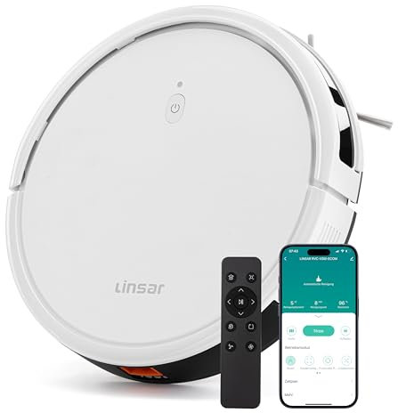 Linsar - Robot aspirapolvere senza funzione di pulizia - Controllo APP - 100 minuti di autonomia - Compatibile con Alexa - per tappeti, peli di animali e pavimenti duri - Aspirapolvere robot con