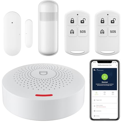 Chatthen Sistema di allarme per appartamento, telecomando app, ricevitore WiFi + RF compatibile con 200 accessori (1 ricevitore e 1 sensore di movimento e 1 sensori porta e 2 telecomando)