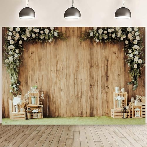Hnmdmyi 2.4x1.8m Fotohintergrund Hochzeit Rustikale Blumen Holz Wand Fotografie Hintergrund Jahrestag Zeremonie Braut Dusche Hochzeit Geburtstag Party Dekoration Banner Fotowand Fotostudio Requisiten